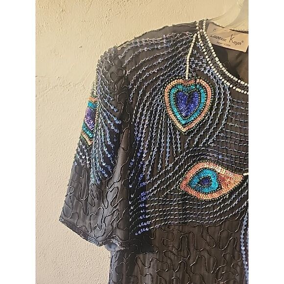 Laurence Kazar Peacock Top Vintage Heavily Encrusted Beaded Silk Blouse XL - Picture 4 of 6